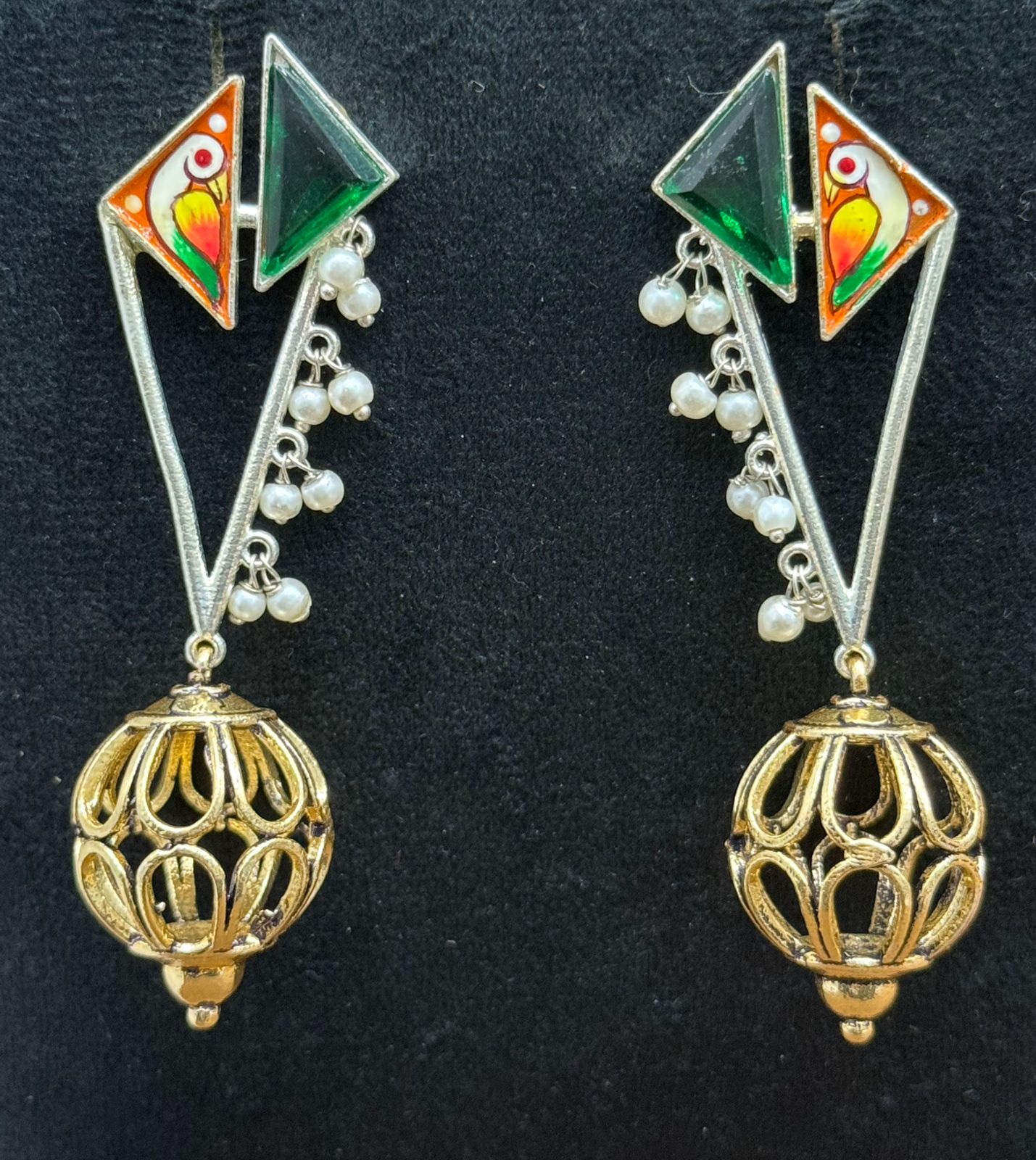 Gold-Plated Geometric Drop Earrings with Green Enamel & Pearl Beads