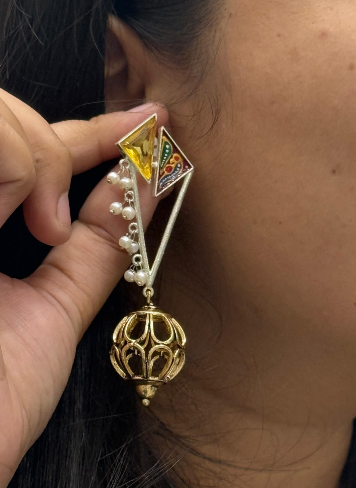 Gold-Plated Geometric Drop Earrings with Yellow Enamel & Pearl Beads