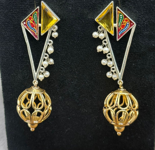 Gold-Plated Geometric Drop Earrings with Yellow Enamel & Pearl Beads