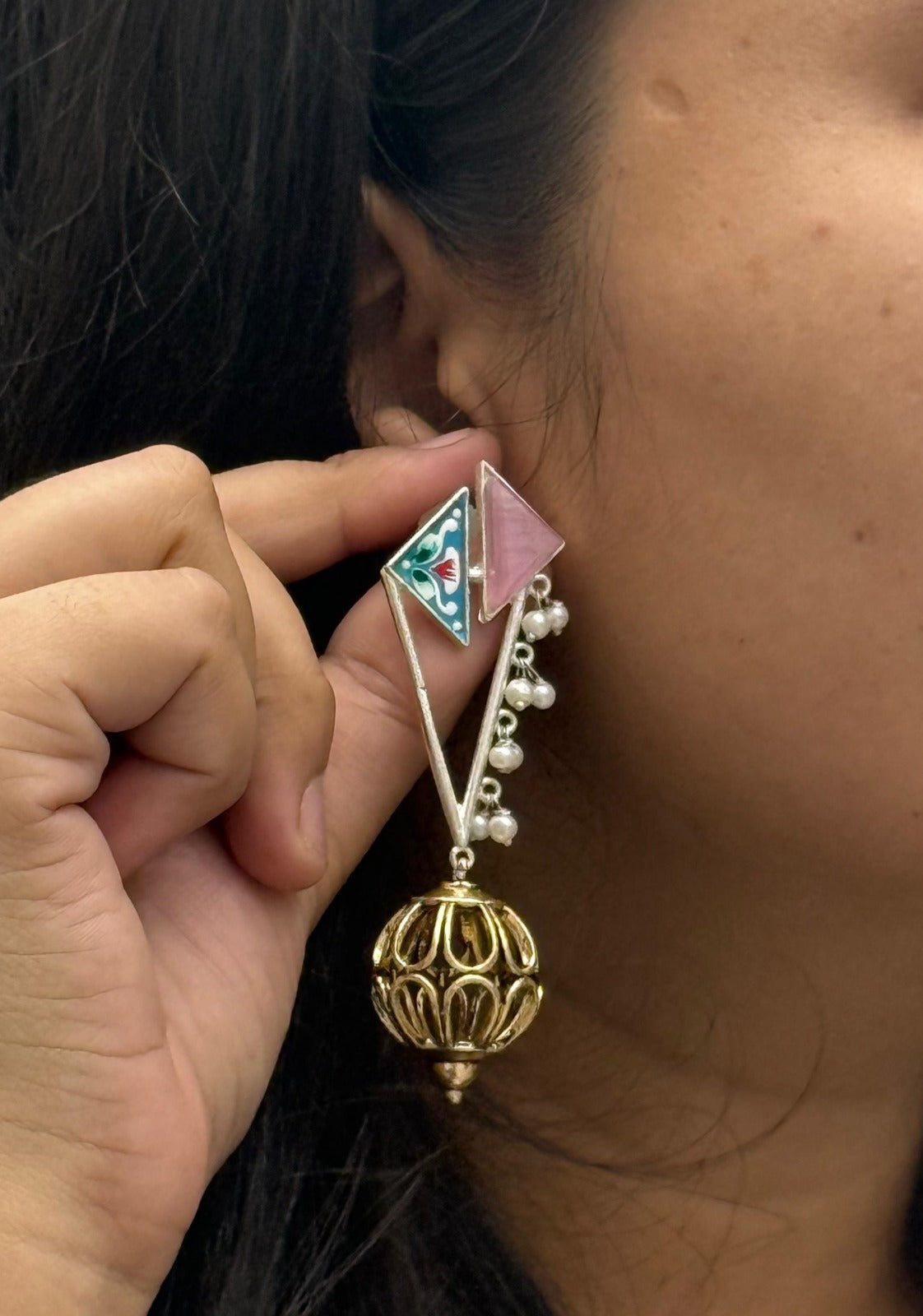 Gold-Plated Geometric Drop Earrings with Pink Enamel & Pearl Beads
