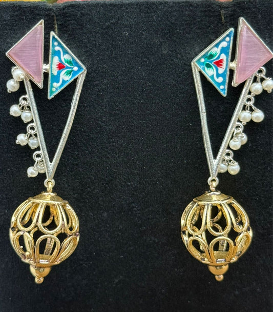 Gold-Plated Geometric Drop Earrings with Pink Enamel & Pearl Beads