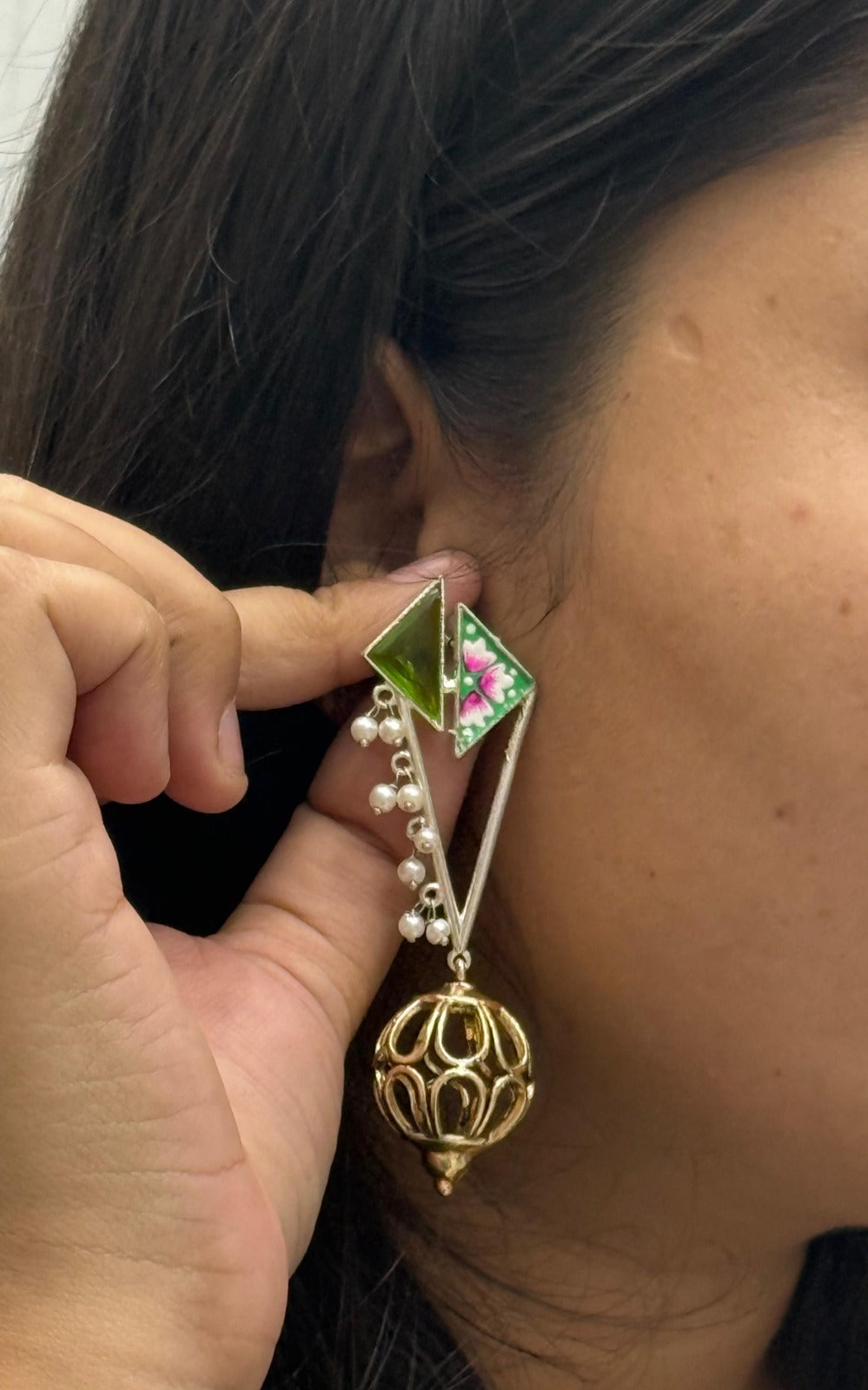 Gold-Plated Geometric Drop Earrings with Green Enamel & Pearl Beads