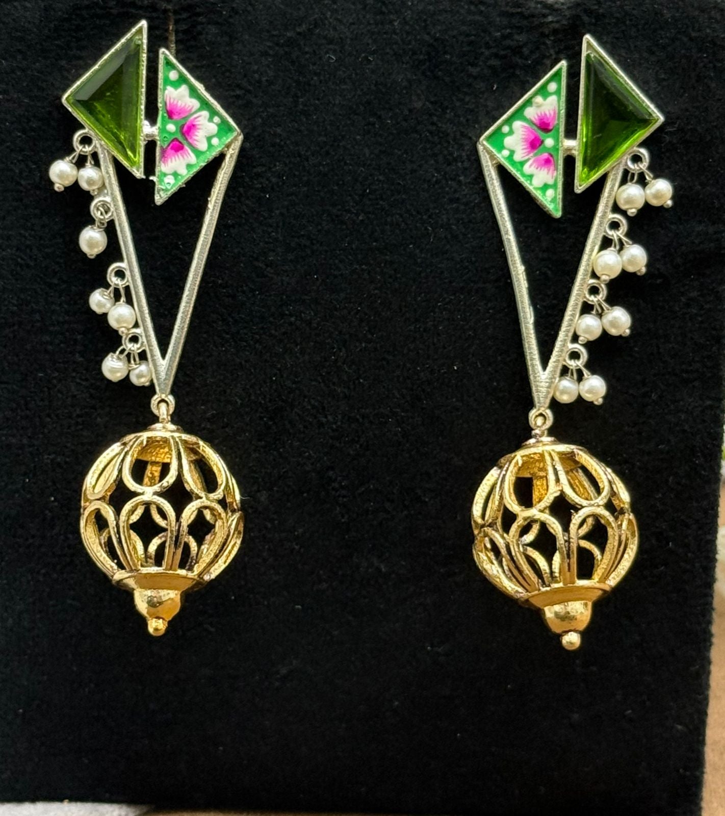 Gold-Plated Geometric Drop Earrings with Green Enamel & Pearl Beads