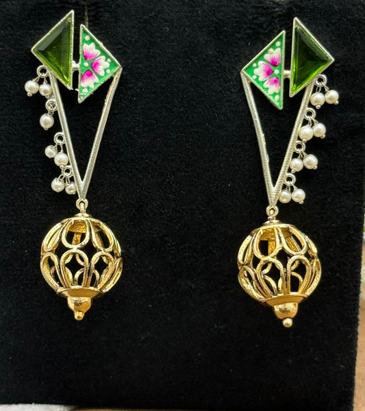 Gold-Plated Geometric Drop Earrings with Green Enamel & Pearl Beads