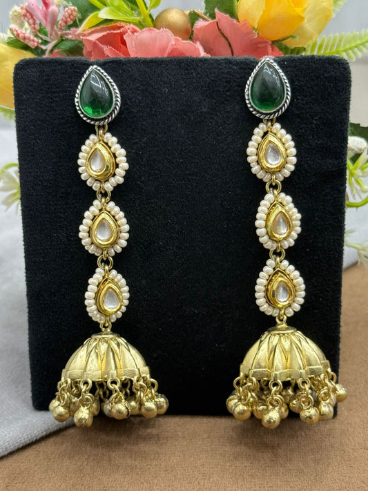 Gold-Plated Green Stone Jhumka Earrings with Kundan & Pearl Detailing
