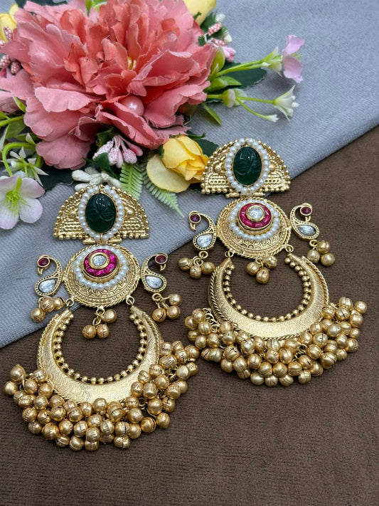 Designer Oversized Chandbali Earrings with Green Stone & Beaded Drops