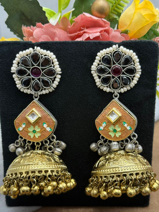 Designer Dual-Tone Jhumka Earrings with Black Stones and Enamel Detailing