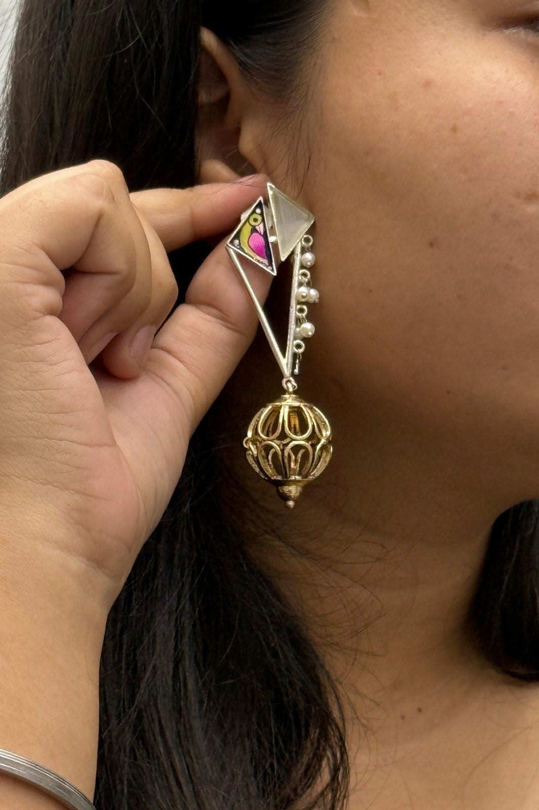 Gold-Plated Geometric Drop Earrings with White Enamel & Pearl Beads