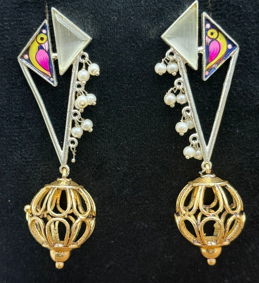 Gold-Plated Geometric Drop Earrings with White Enamel & Pearl Beads
