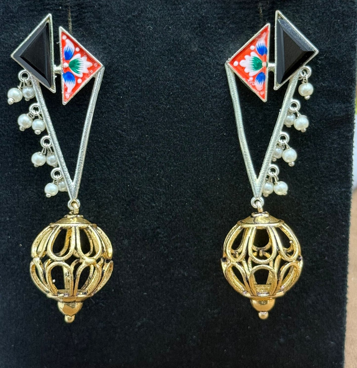 Gold-Plated Geometric Drop Earrings with Black Enamel & Pearl Beads
