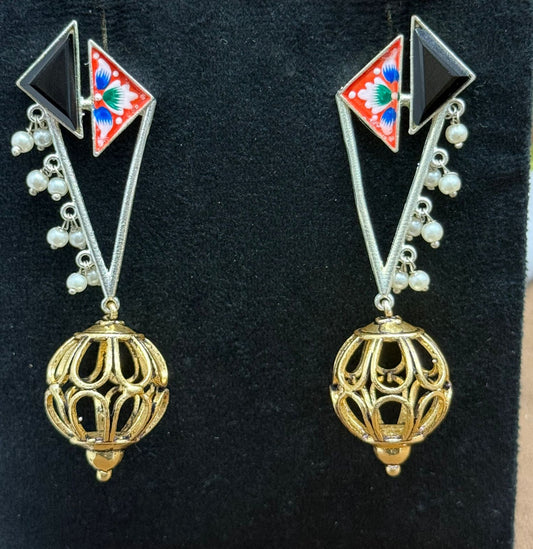 Gold-Plated Geometric Drop Earrings with Black Enamel & Pearl Beads
