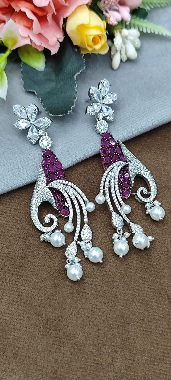 Crystal Peacock Design Earrings with Pink Stones & Pearl Danglers
