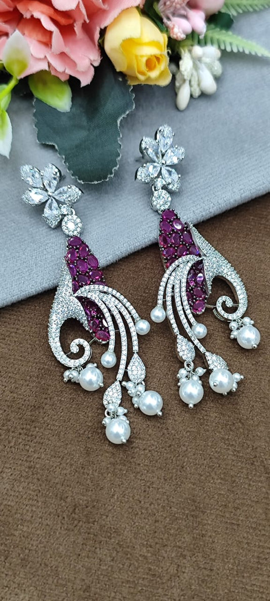 Crystal Peacock Design Earrings with Pink Stones & Pearl Danglers