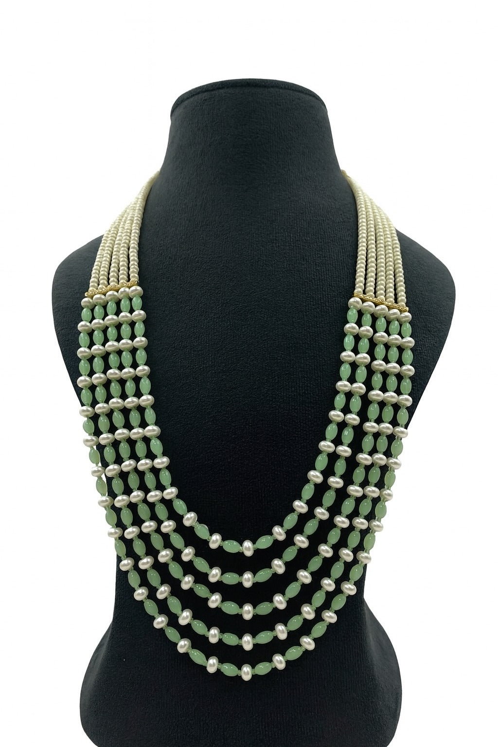 Elegant Mint Green Bead and White Pearl Mala With Five Layer For women