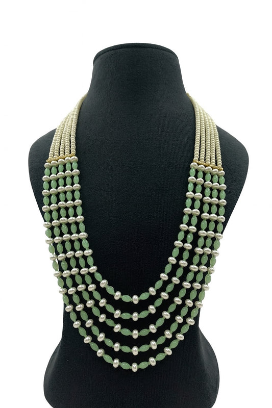 Elegant Mint Green Bead and White Pearl Mala With Five Layer For women