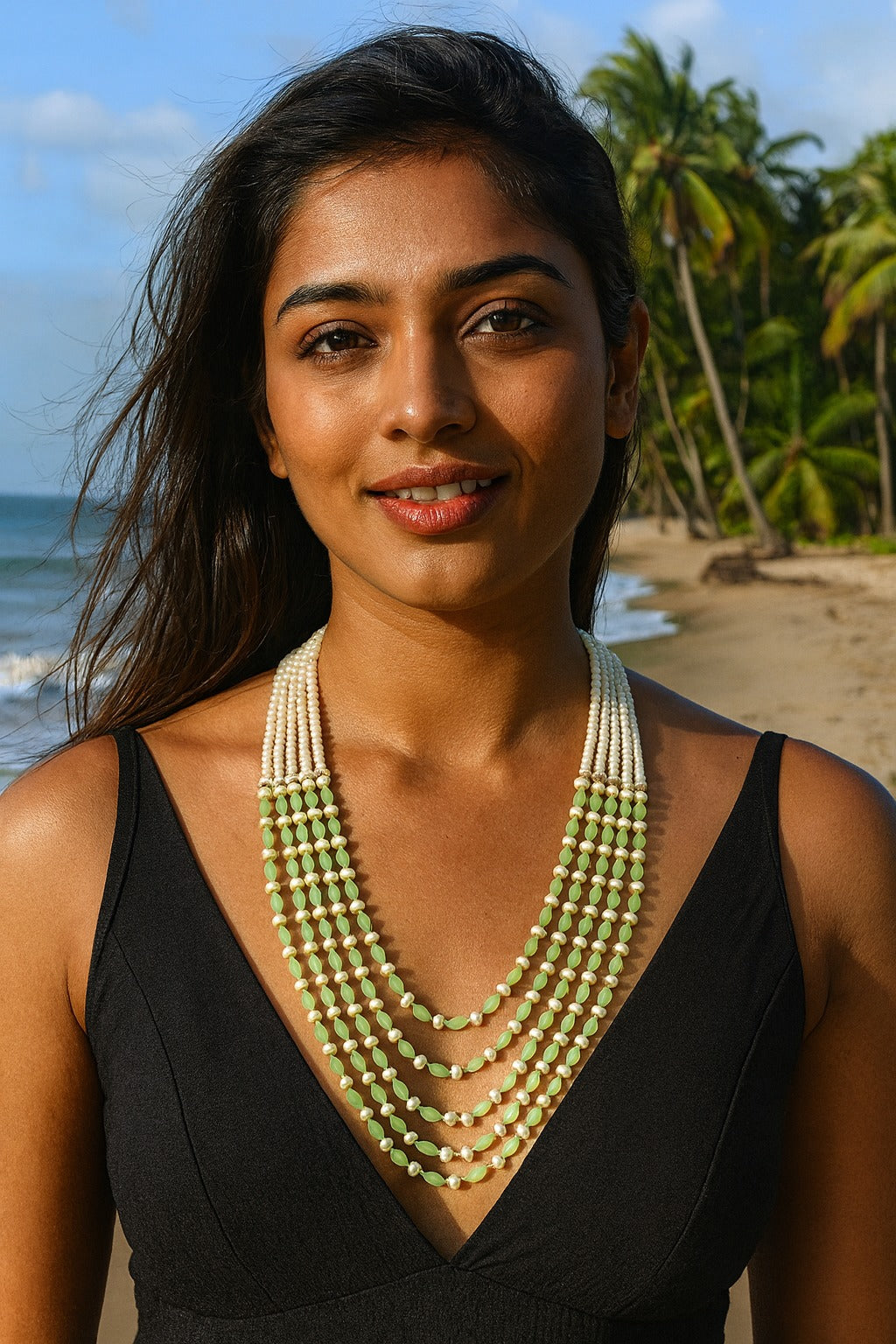 Elegant Mint Green Bead and White Pearl Mala With Five Layer For women