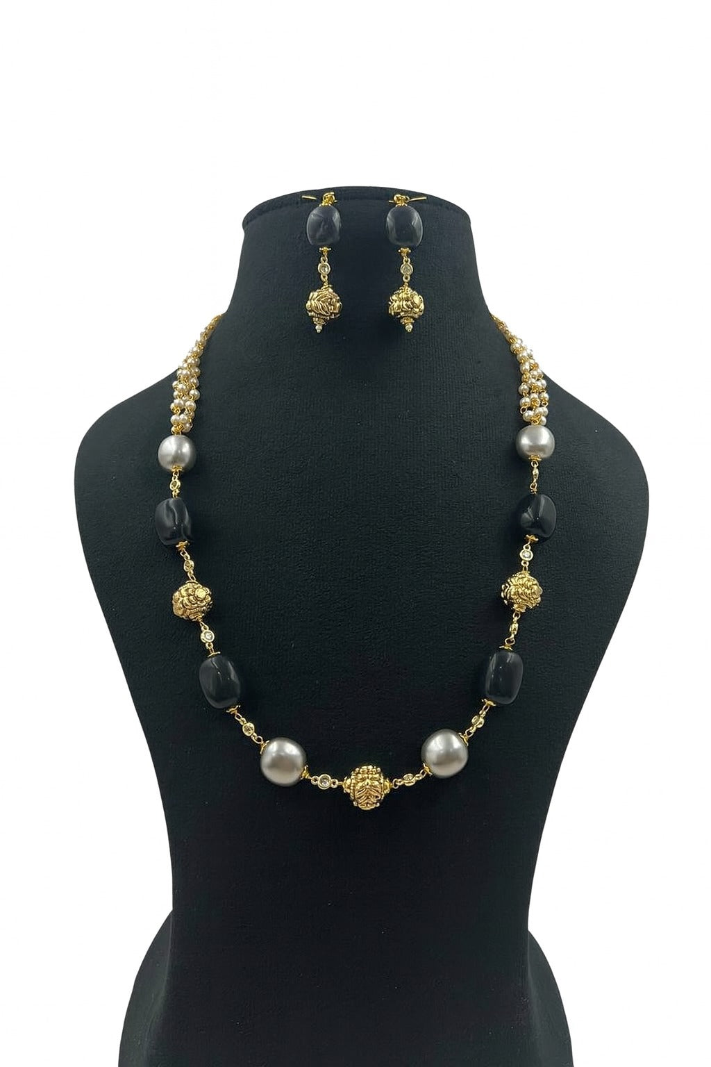 Designer Black Bead & Gold Ball Mala with Earrings For Women