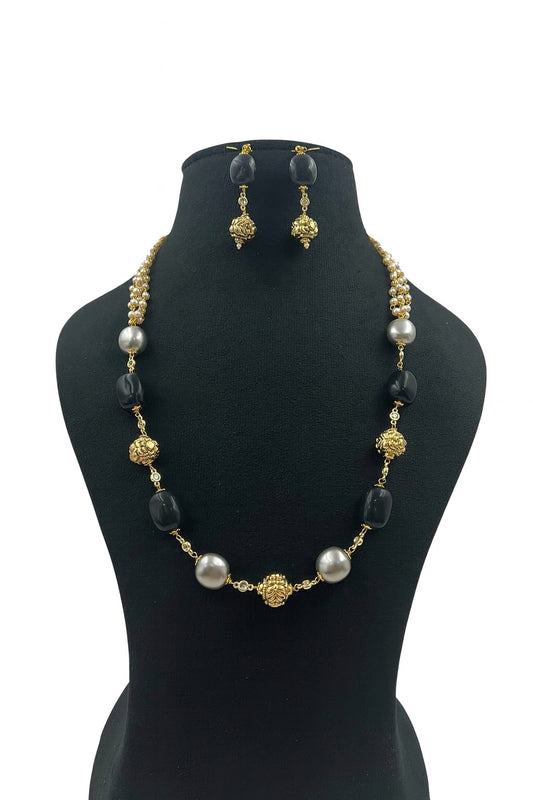 Designer Black Bead & Gold Ball Mala with Earrings For Women