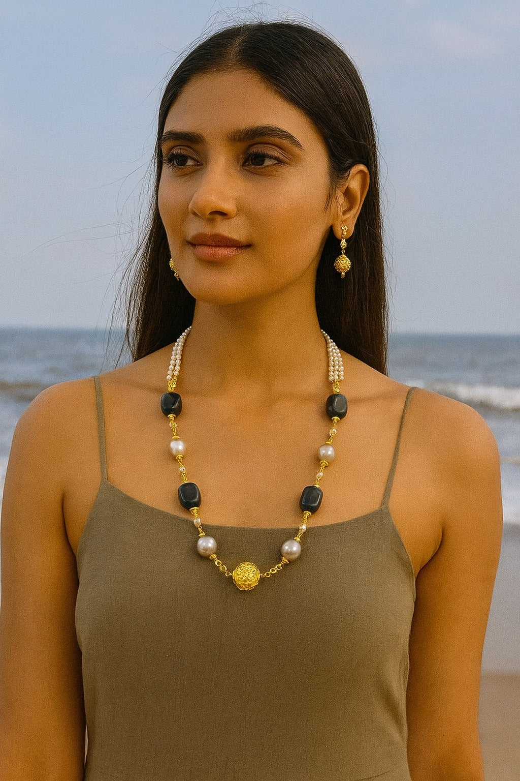 Designer Black Bead & Gold Ball Mala with Earrings For Women