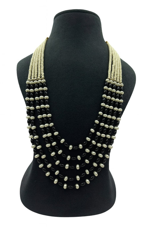 Elegant Black Bead and White Pearl Mala With Five Layer For women