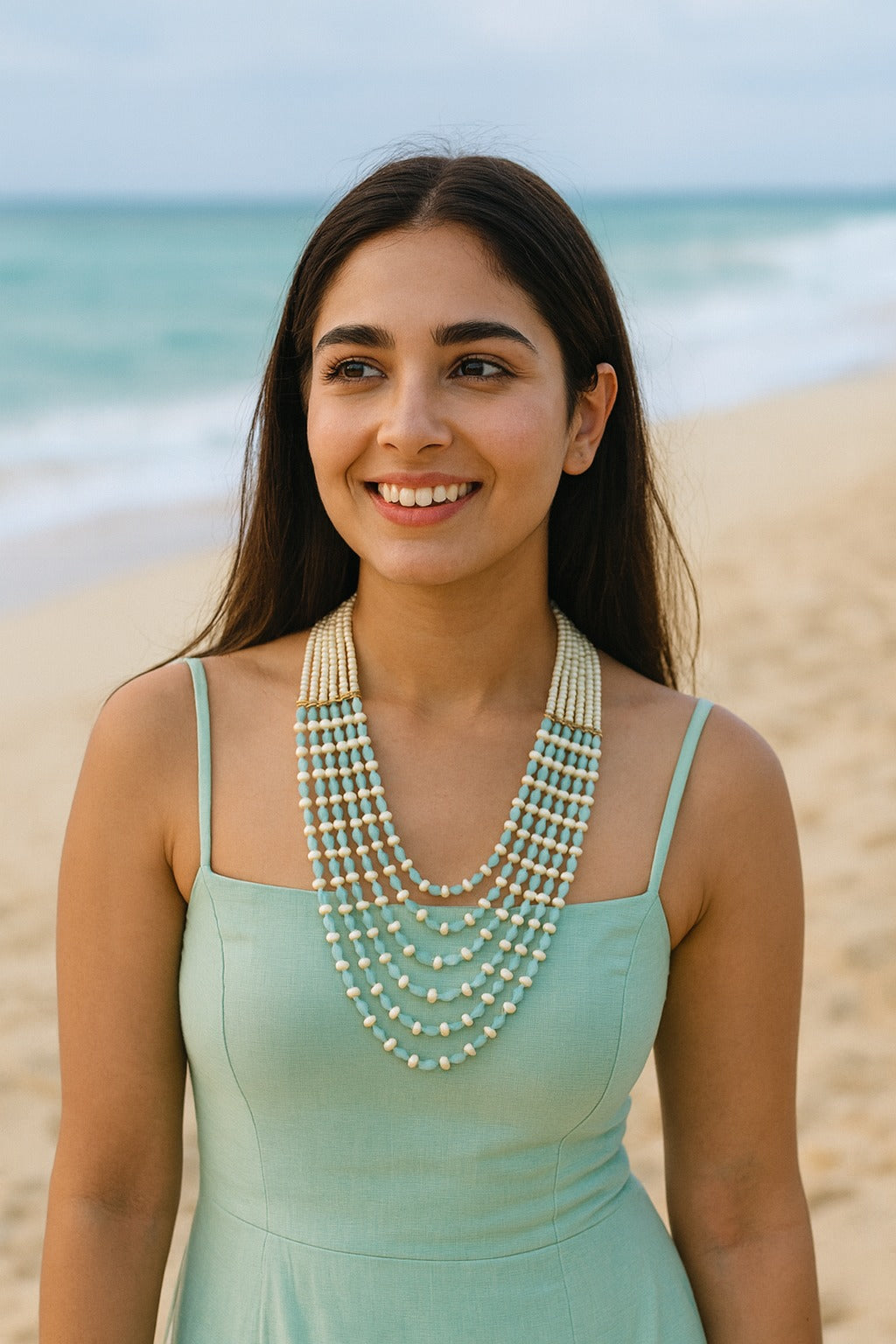 Handcrafted Aqua Blue and Pearl Beaded Mala for Women