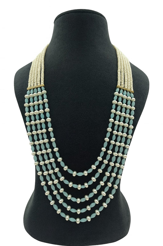 Handcrafted Aqua Blue and Pearl Beaded Mala for Women
