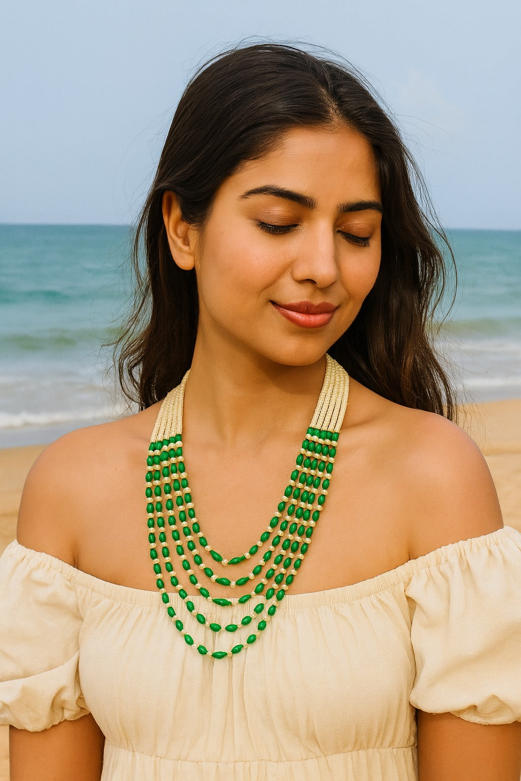 Elegant Green Bead & Pearl Multi-Strand Mala for Women