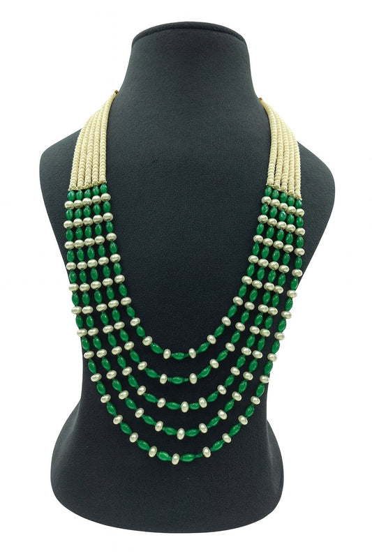 Elegant Green Bead & Pearl Multi-Strand Mala for Women