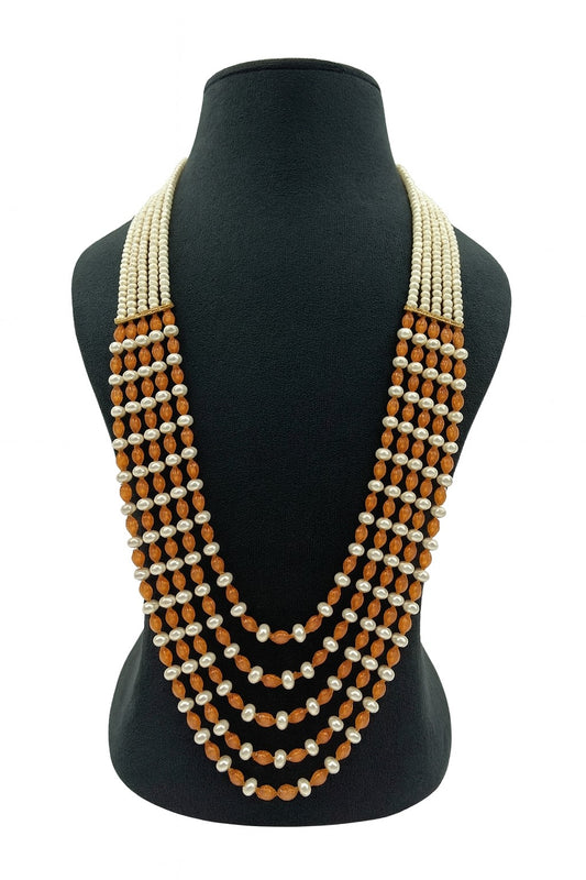 Elegant Orange Bead & Pearl Multi-Strand Mala for Women