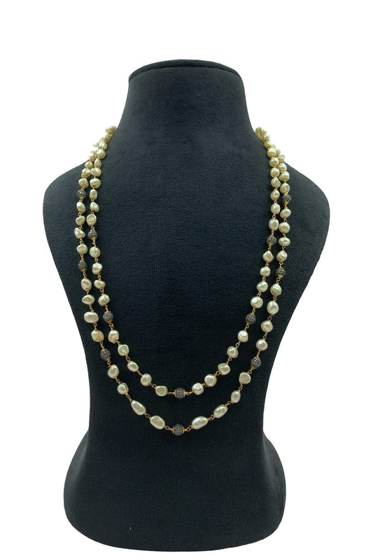 Elegant White Double Layer Pearl Mala with Black Beads For Women