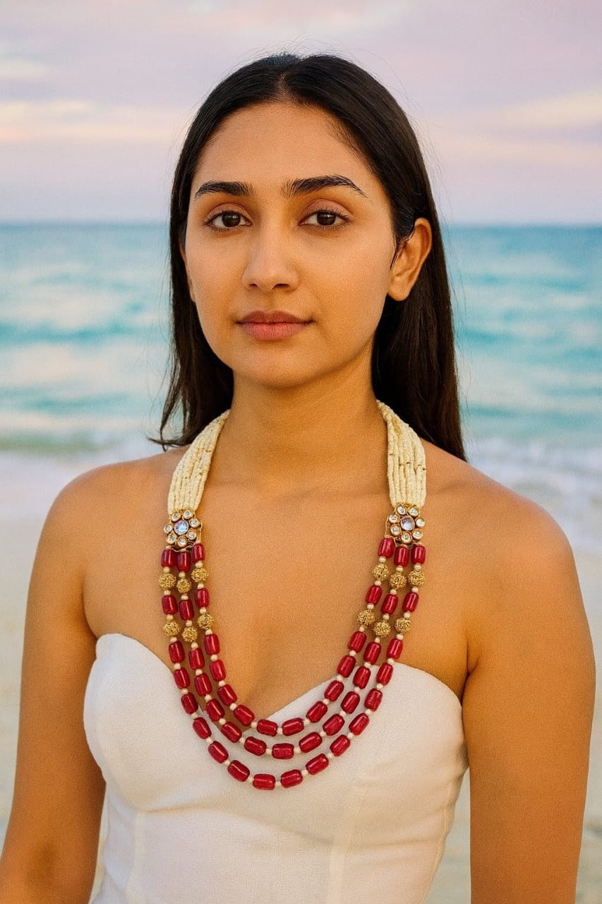 Designer Red Beads & Gold Tone Multi-Strand Mala Necklace For Women