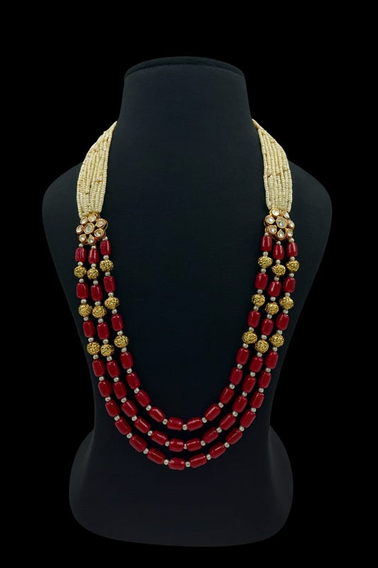 Designer Red Beads & Gold Tone Multi-Strand Mala Necklace For Women