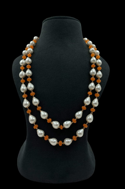 Ethnic White Pearl & Orange Bead Mala With Double Layer