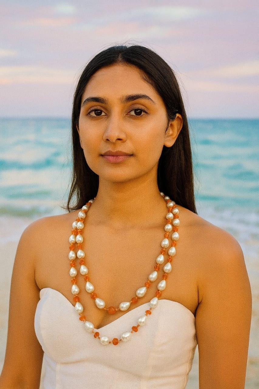Ethnic White Pearl & Orange Bead Mala With Double Layer