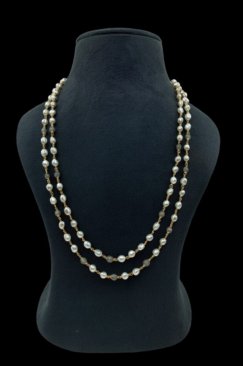 Elegant Double Layer White and Gray Pearl with Golden Bead Mala For Women