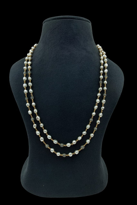 Elegant Double Layer White and Gray Pearl with Golden Bead Mala For Women