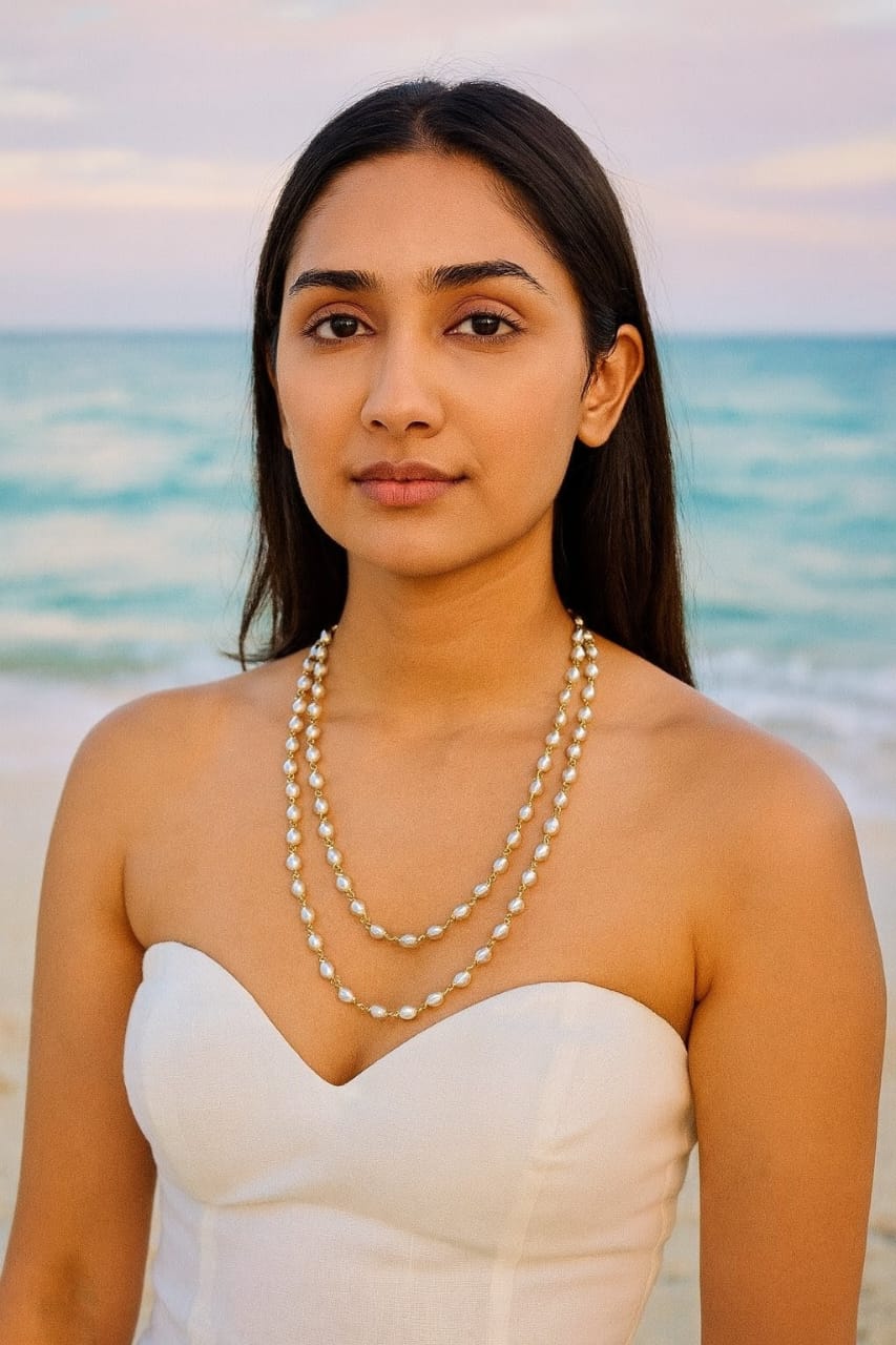 Elegant Double Layer White and Gray Pearl with Golden Bead Mala For Women