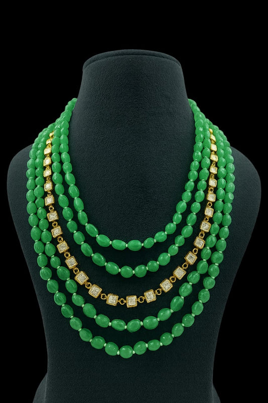Grand Emerald Green Beaded Mala with Gold & Stone with Five Layer