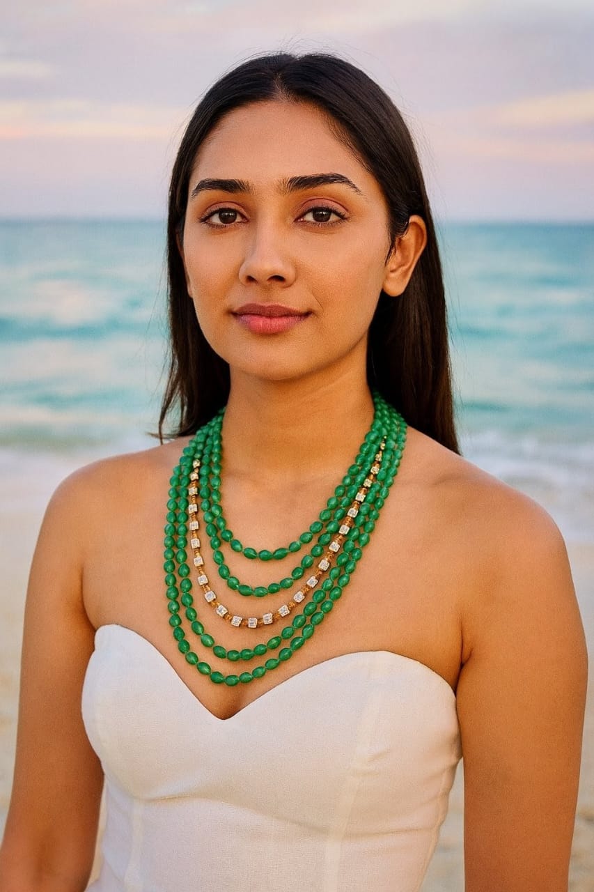 Grand Emerald Green Beaded Mala with Gold & Stone with Five Layer