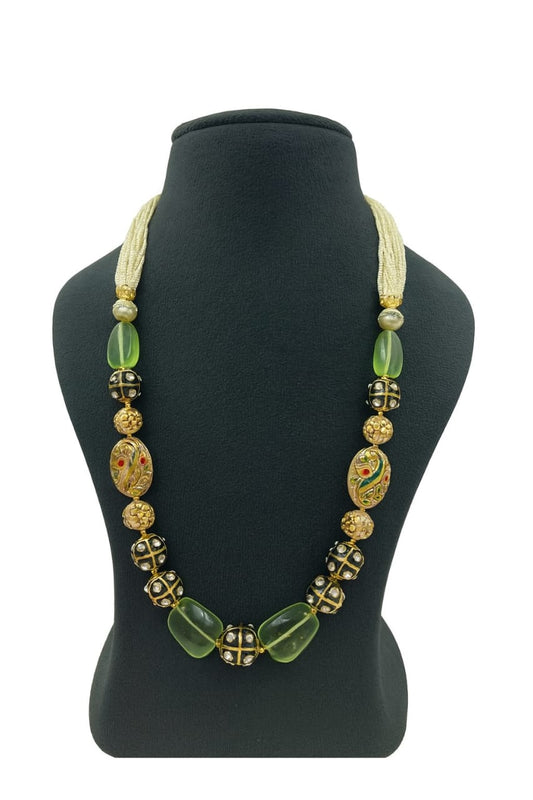 Ethnic Green Stone Mala with Gold Beads & Hand-Painted Enamel Accents