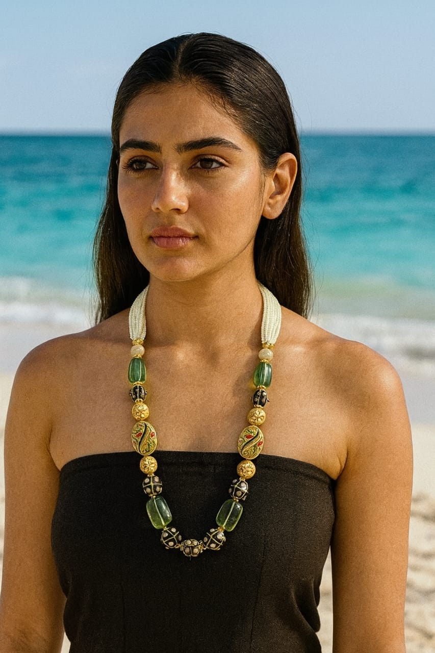 Ethnic Green Stone Mala with Gold Beads & Hand-Painted Enamel Accents