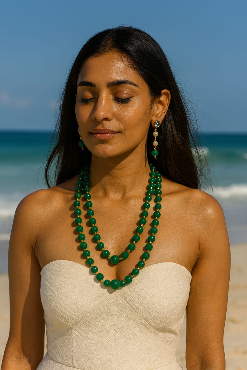 Ethnic Green Beaded Mala with Gold For Women and Girl