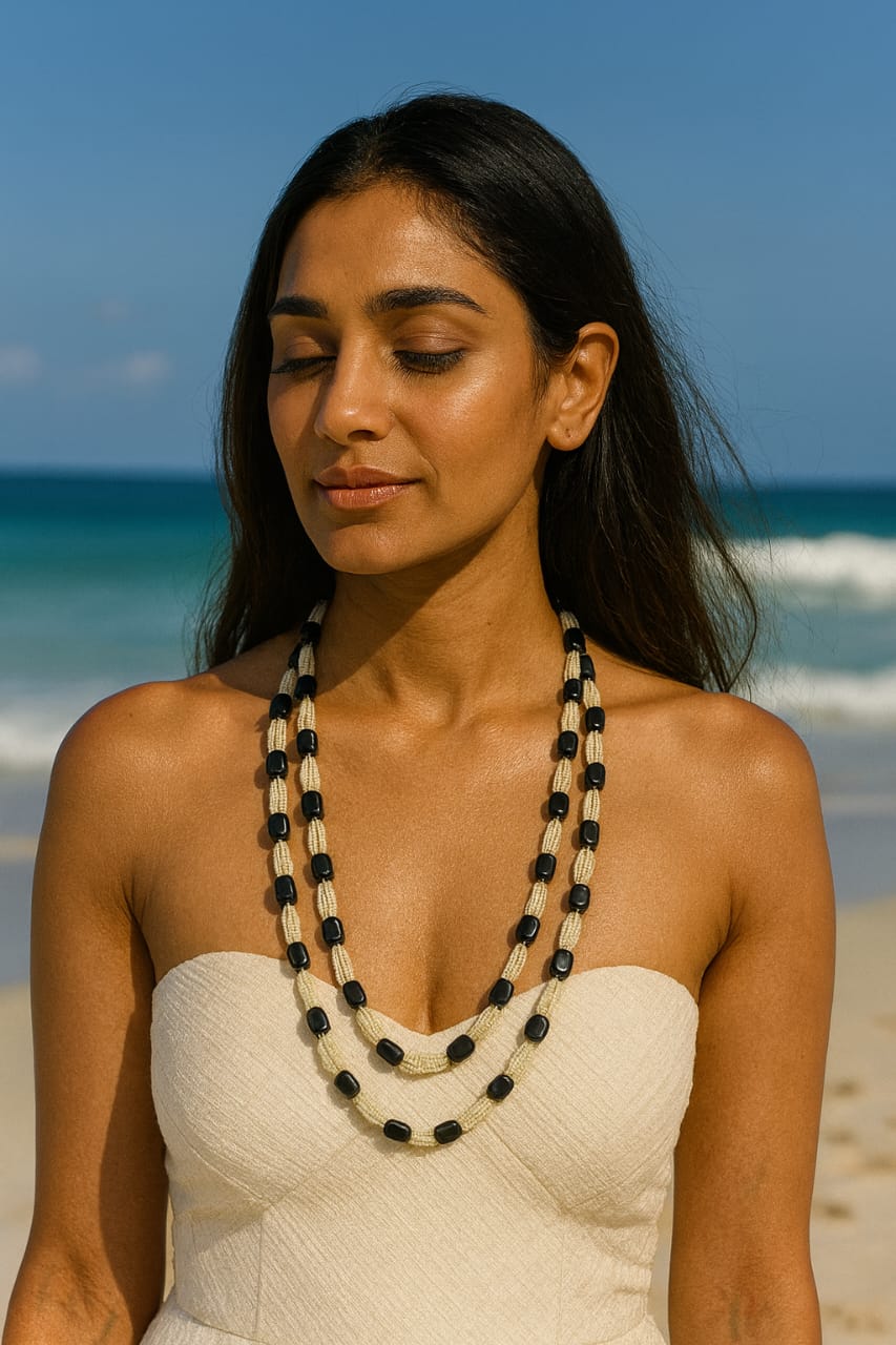 Elegant Handcrafted Black Onyx & White Beaded Double Layer Mala For Women