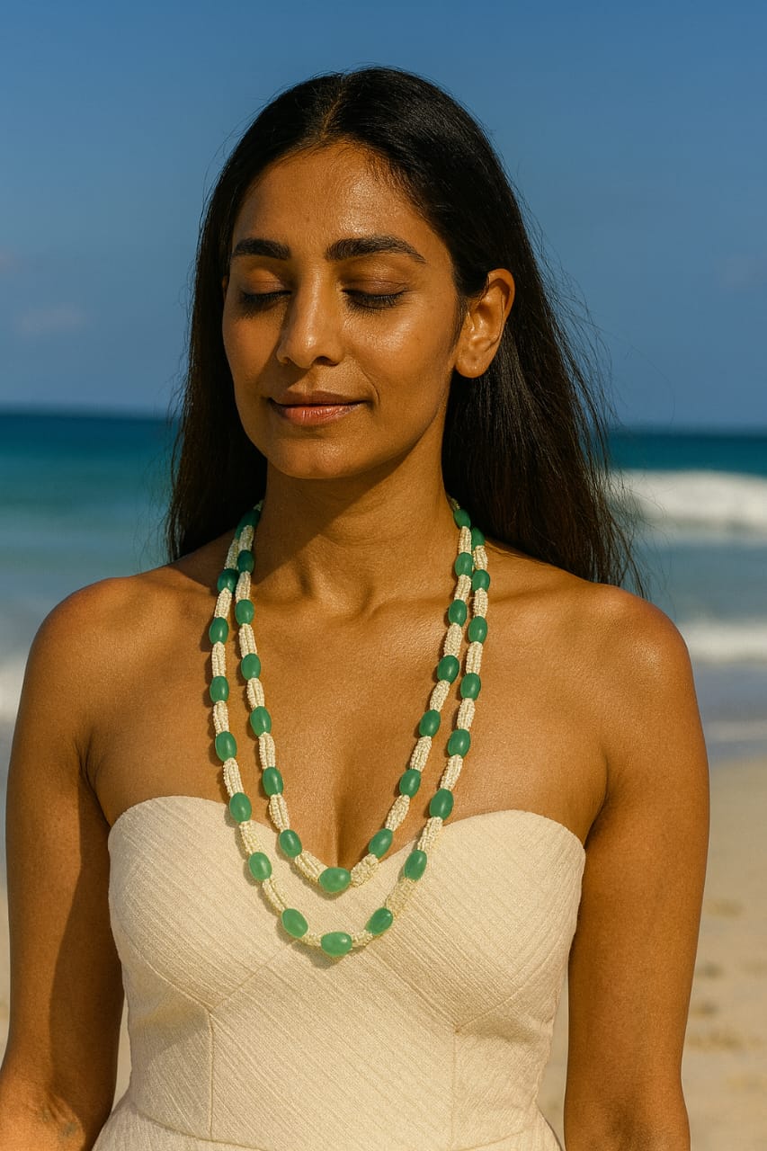 Elegant Handcrafted Green Onyx & White Beaded Double Layer Mala For Women