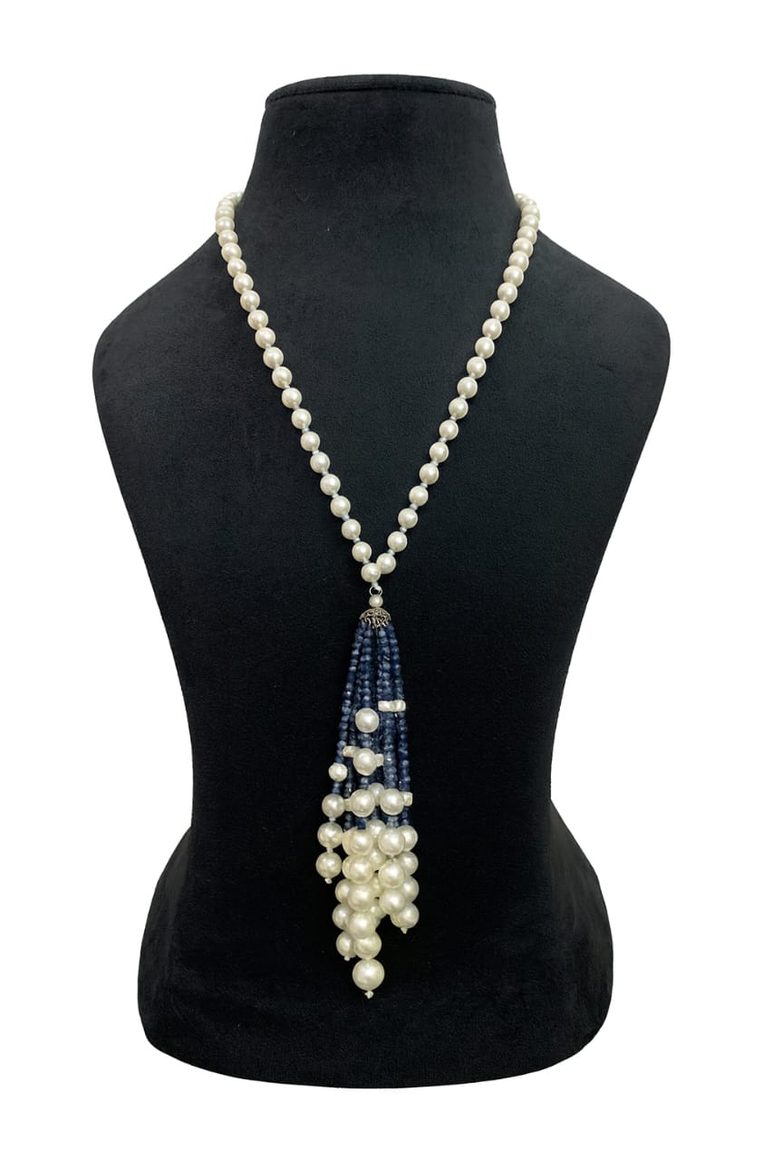 Unique White Pearl & Navy Beaded Mala with Tassel Pendant