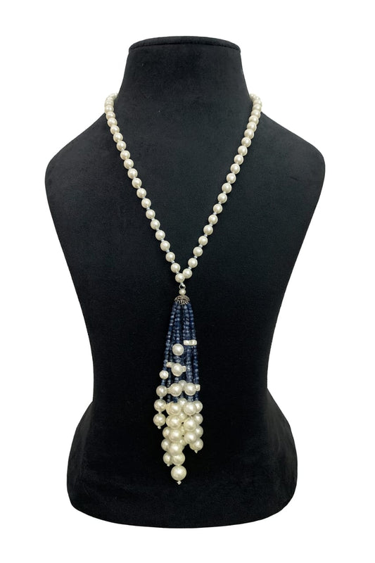 Unique White Pearl & Navy Beaded Mala with Tassel Pendant