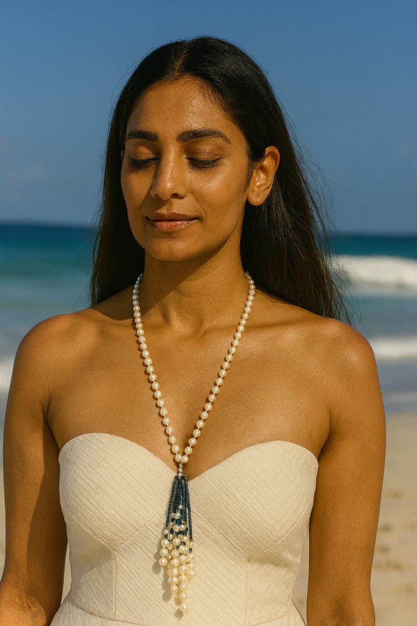 Unique White Pearl & Navy Beaded Mala with Tassel Pendant