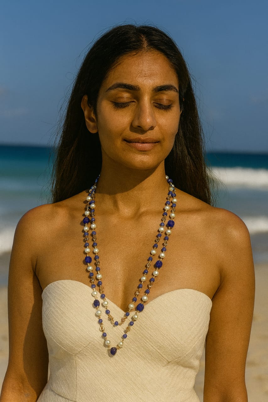 Elegant Long Two Layer Royal Blue Beaded & Pearl Mala For Women
