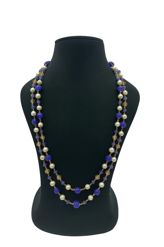 Elegant Long Two Layer Royal Blue Beaded & Pearl Mala For Women