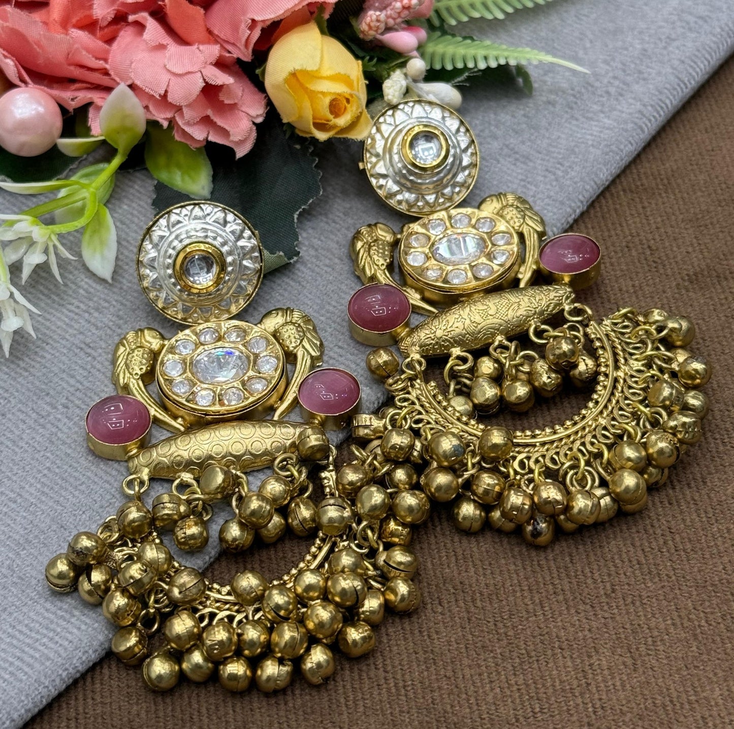 Antique Gold-Plated Statement Earrings with Kundan, Pink Stones & Beaded Drop